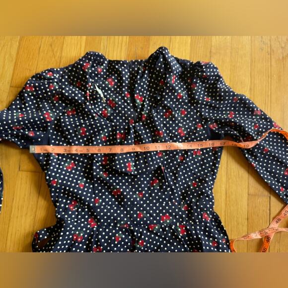 70s Vintage Straberry And Swiss Dot Long Sleeve Prairie Dress with Peplum Waist - Picture 5 of 12